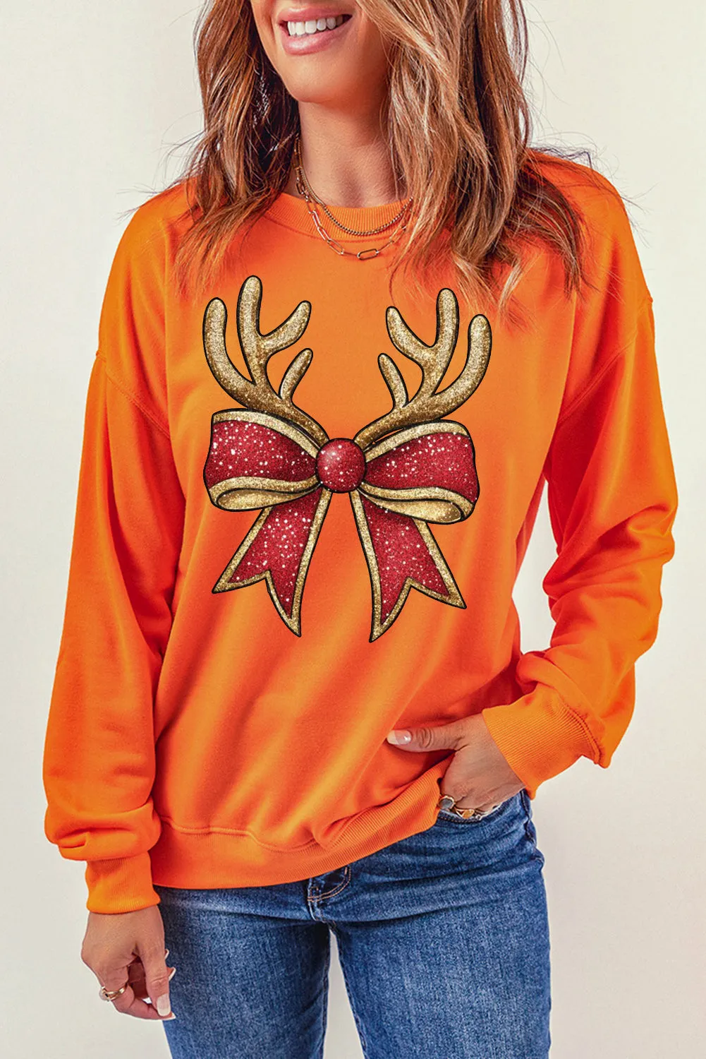 Christmas Antlers Bow Pattern Crew Neck Pullover Sweatshirt