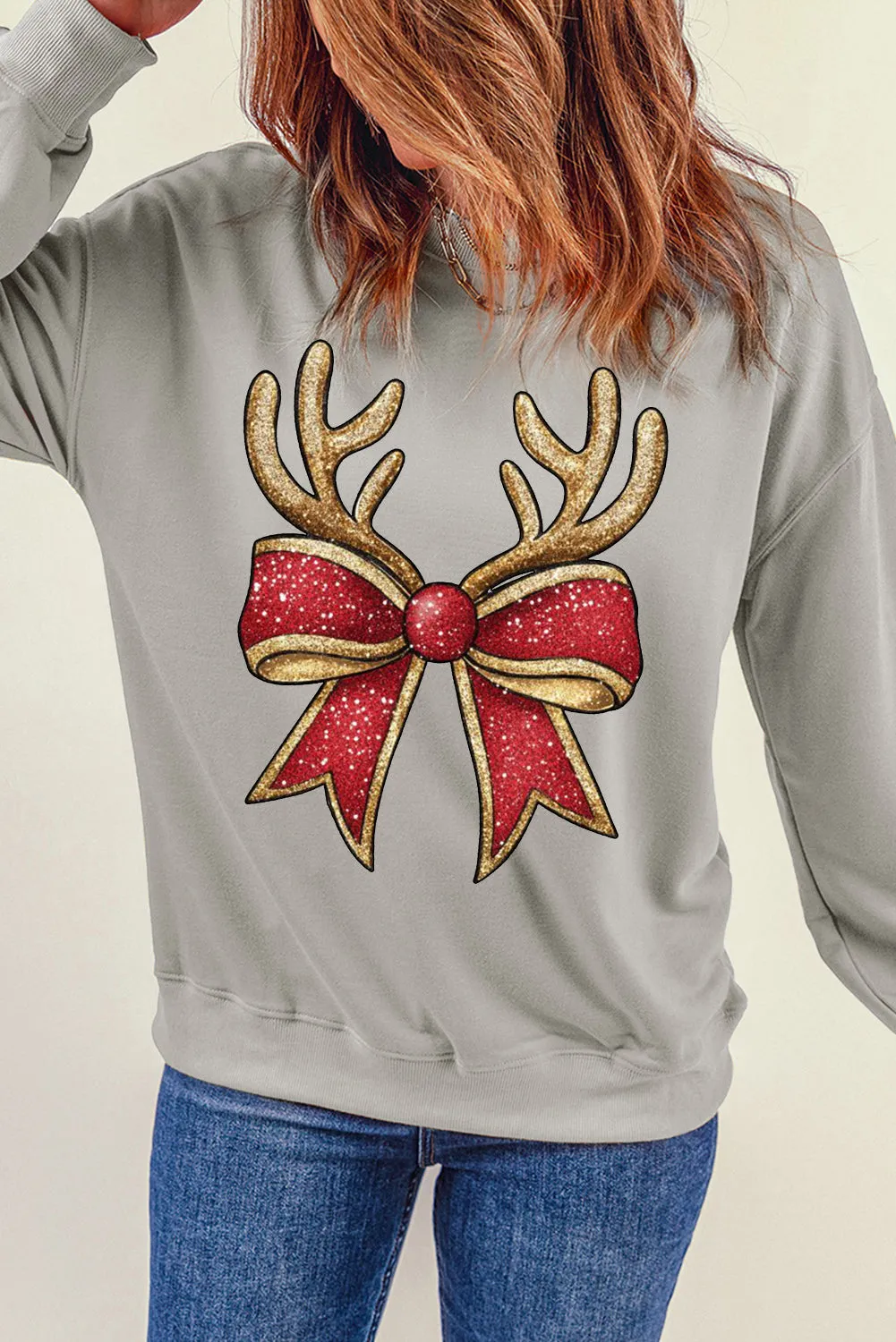 Christmas Antlers Bow Pattern Crew Neck Pullover Sweatshirt