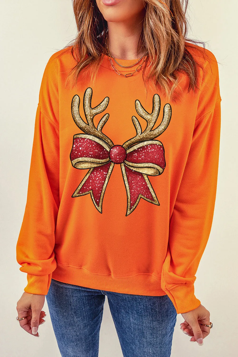 Christmas Antlers Bow Pattern Crew Neck Pullover Sweatshirt