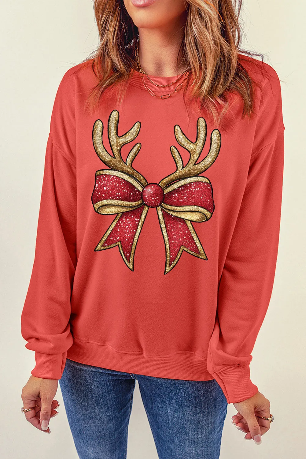 Christmas Antlers Bow Pattern Crew Neck Pullover Sweatshirt