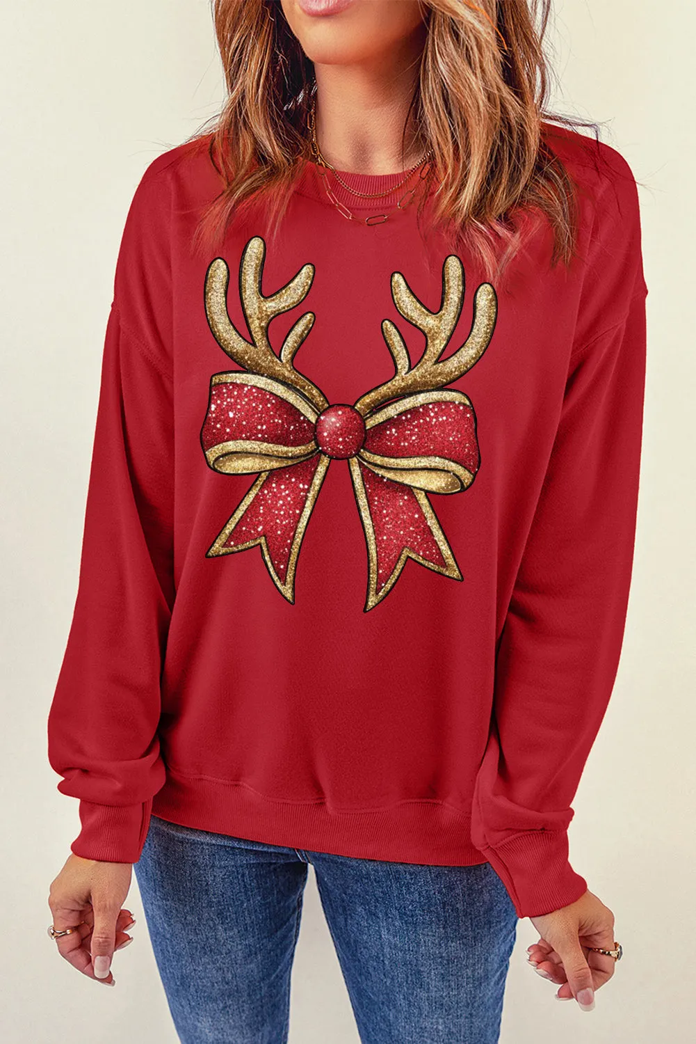 Christmas Antlers Bow Pattern Crew Neck Pullover Sweatshirt