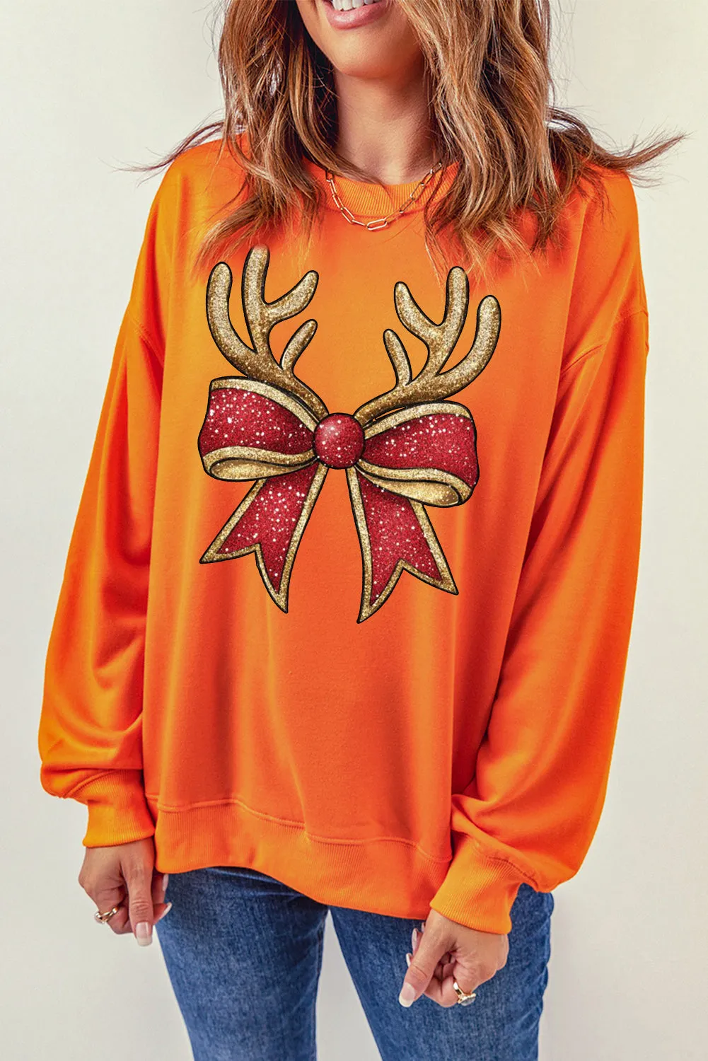 Christmas Antlers Bow Pattern Crew Neck Pullover Sweatshirt