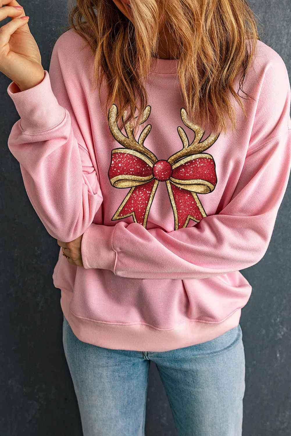 Christmas Antlers Bow Pattern Crew Neck Pullover Sweatshirt