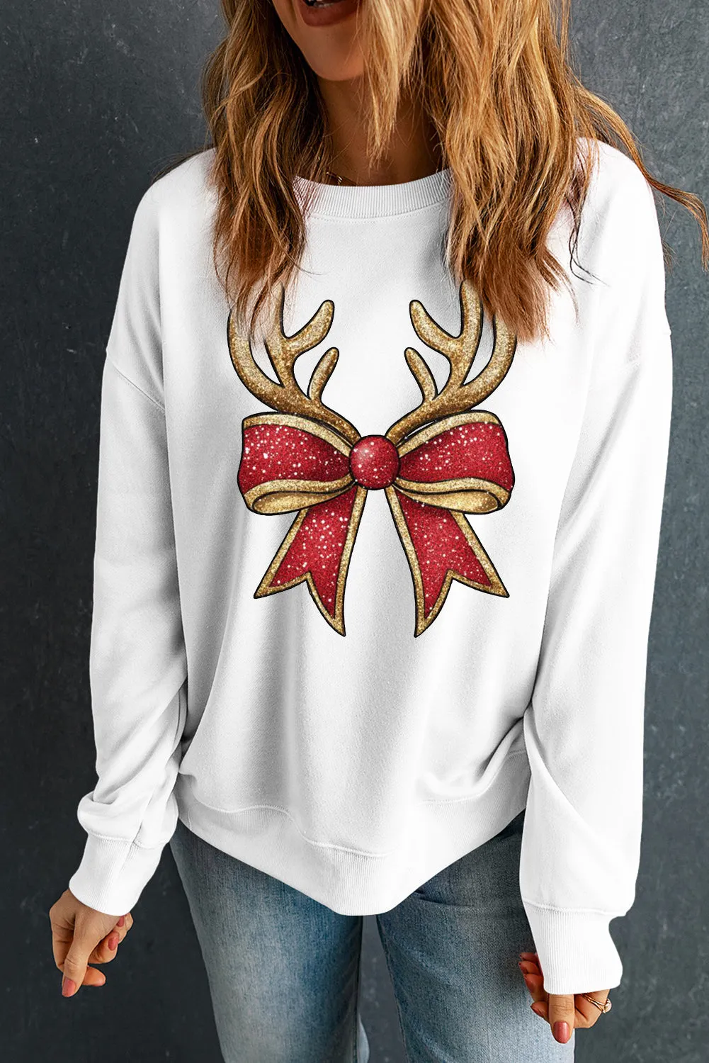 Christmas Antlers Bow Pattern Crew Neck Pullover Sweatshirt