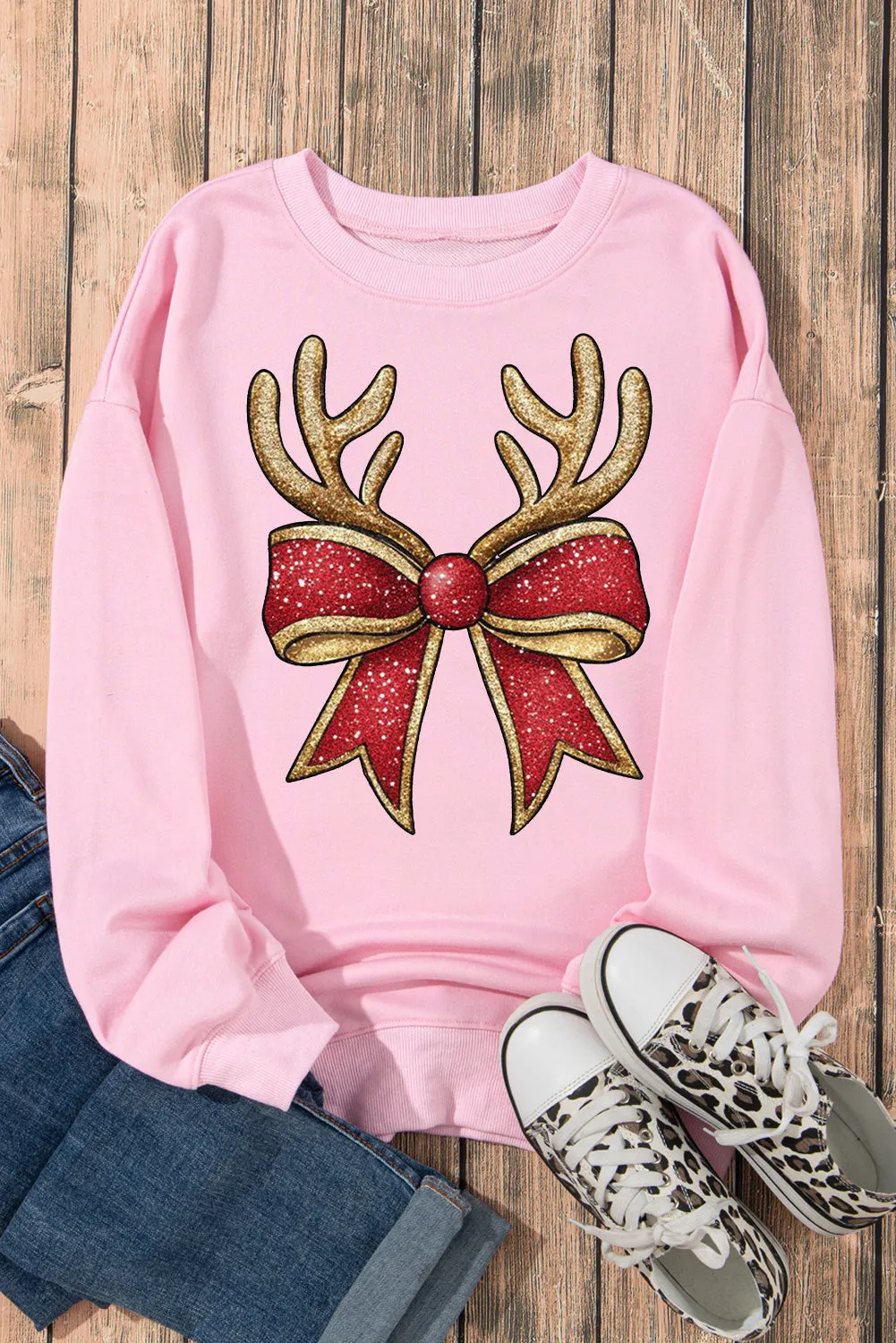 Christmas Antlers Bow Pattern Crew Neck Pullover Sweatshirt