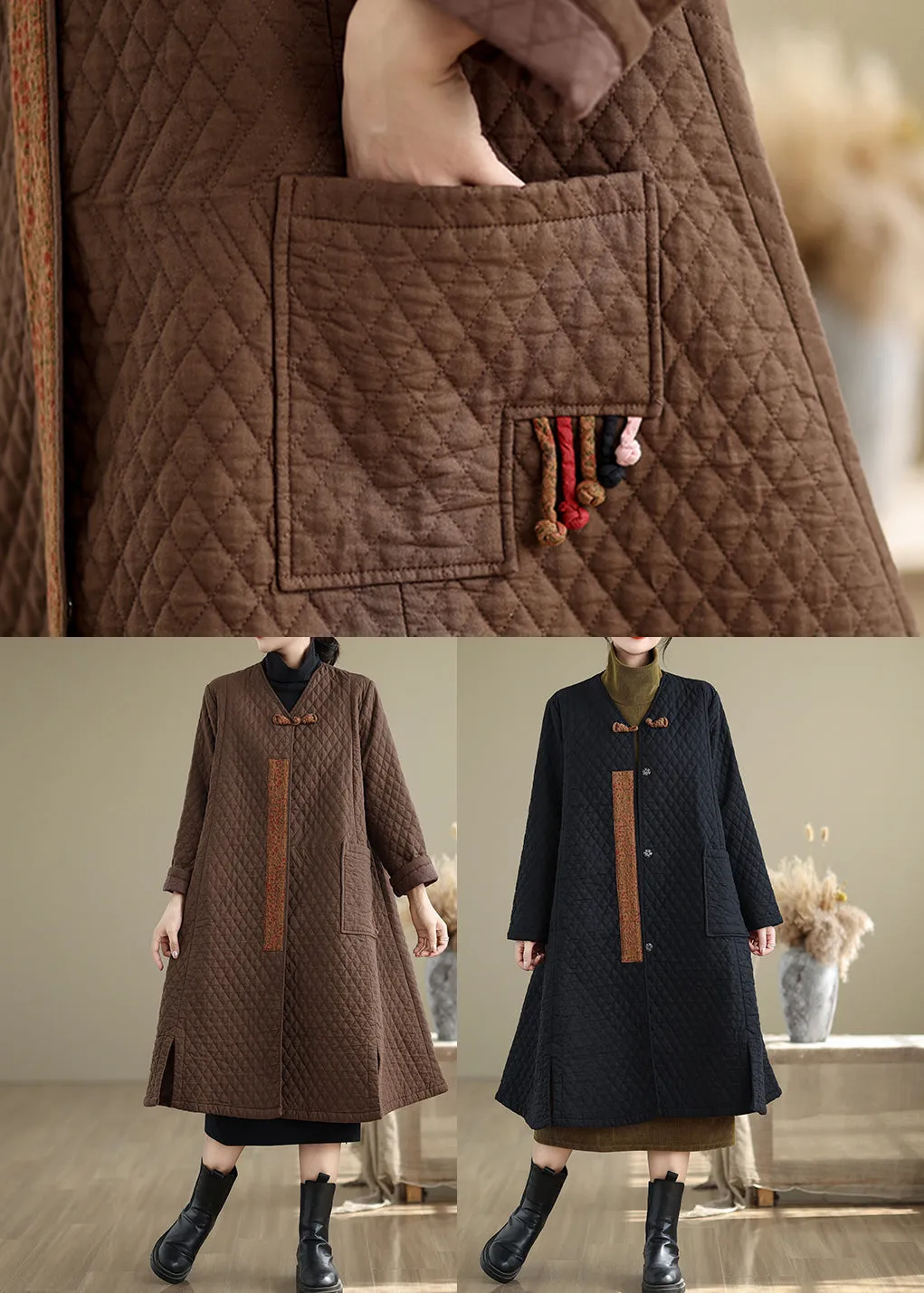 Coffee Pockets Fine Cotton Filled Women Retro Coats V Neck Winter RU019