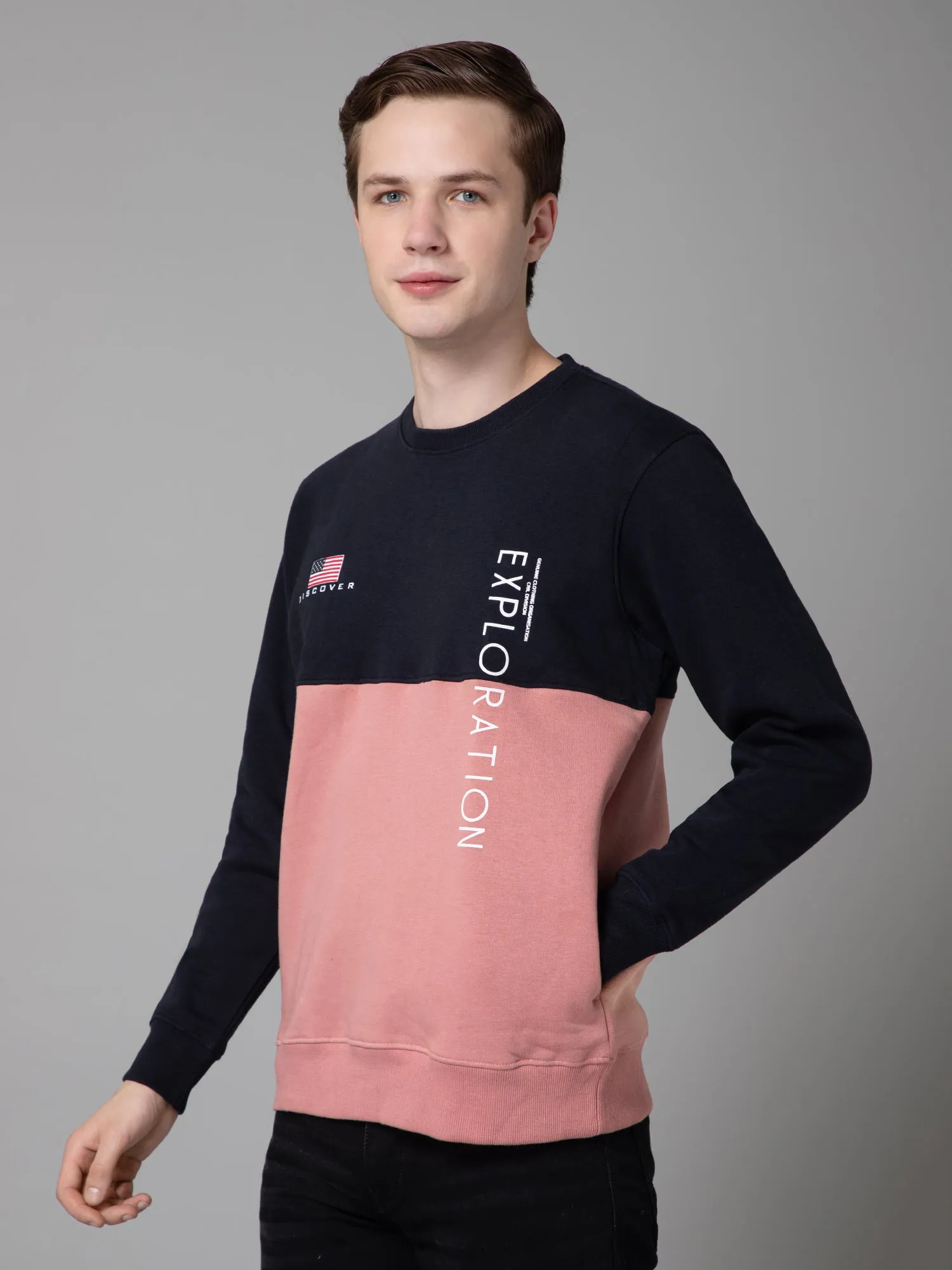 Color Blocked Dark Pink Full Sleeves Rounded Neck Regular Fit Casual Sweatshirt for Men