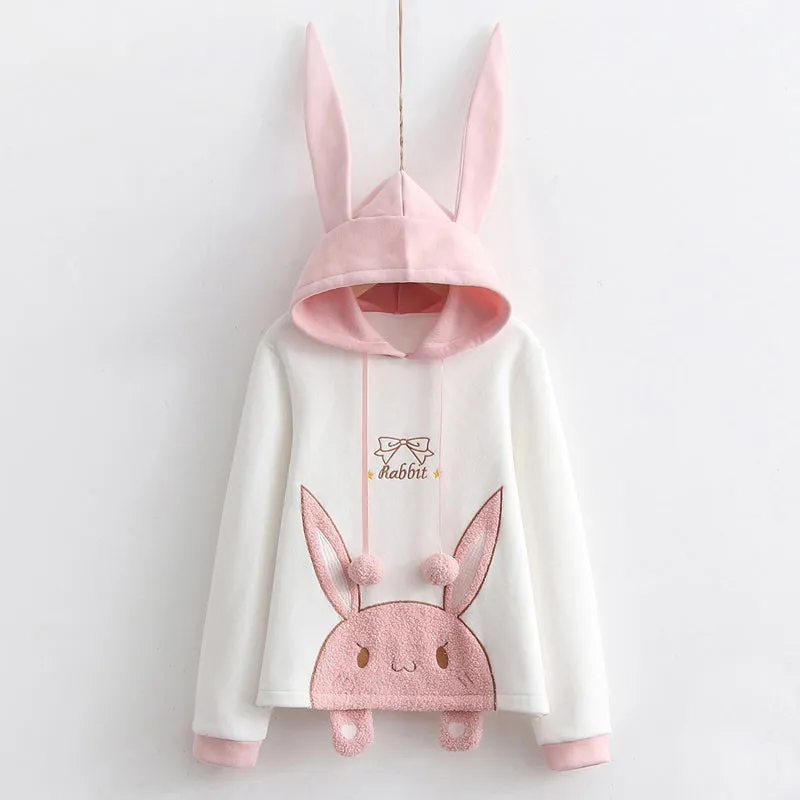 Cuddle-worthy Chic: Harajuku Bunny Ear Plush Letter Hooded Sweatshirt - Your Cozy Cute Haven! 🐰💖