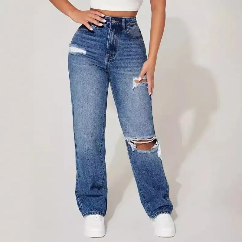 European and American Ripped Trendy Women'S Jeans Straight