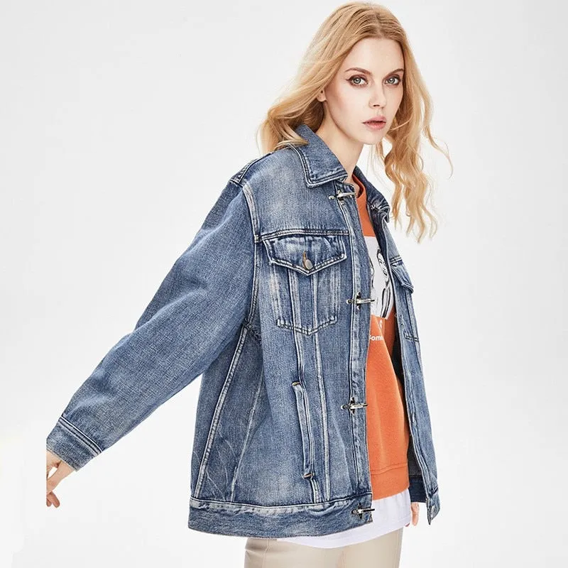 European retro blue denim jacket for women in spring 2023, new versatile, slim and fashionable polo collar long sleeved top