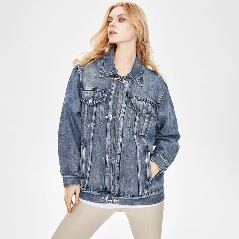 European retro blue denim jacket for women in spring 2023, new versatile, slim and fashionable polo collar long sleeved top