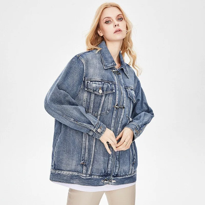 European retro blue denim jacket for women in spring 2023, new versatile, slim and fashionable polo collar long sleeved top