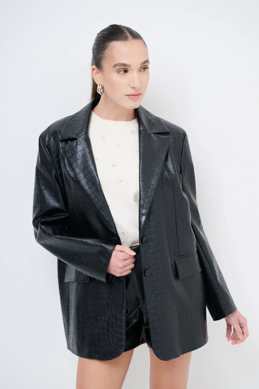 Faux leather blazer with oversized fit wholesale