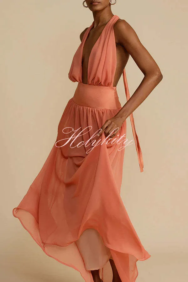 Femininity and Elegance Tulle Halter Neck Backless Maxi Dress