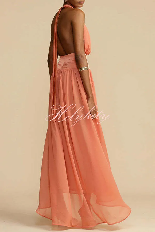 Femininity and Elegance Tulle Halter Neck Backless Maxi Dress