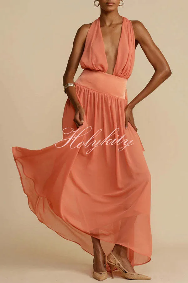 Femininity and Elegance Tulle Halter Neck Backless Maxi Dress