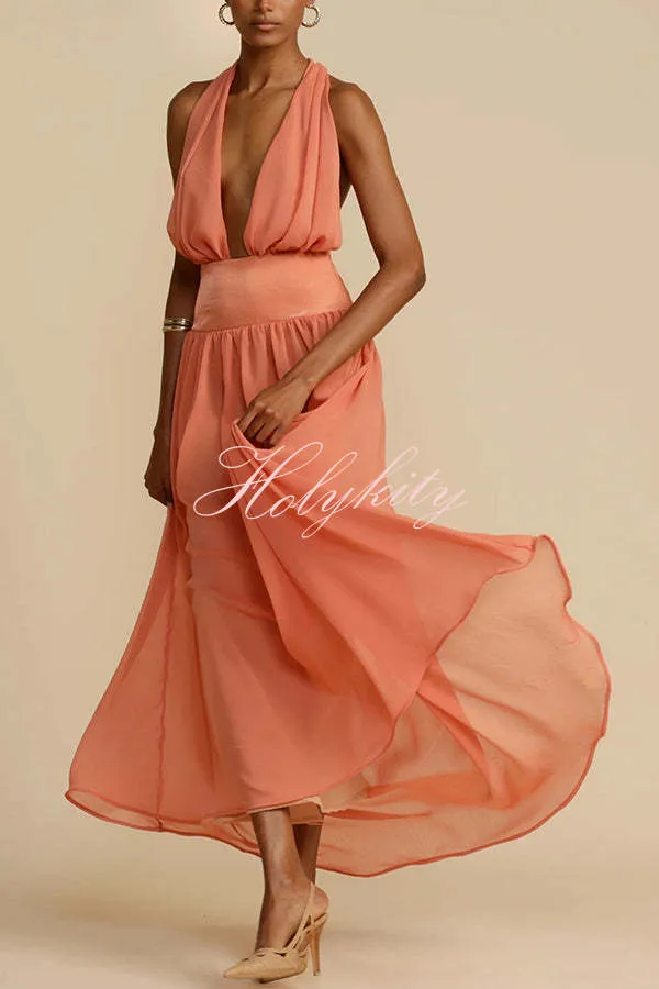 Femininity and Elegance Tulle Halter Neck Backless Maxi Dress