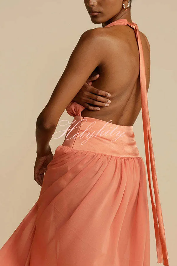 Femininity and Elegance Tulle Halter Neck Backless Maxi Dress