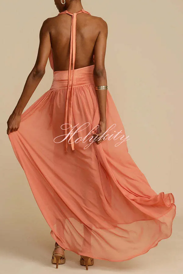 Femininity and Elegance Tulle Halter Neck Backless Maxi Dress