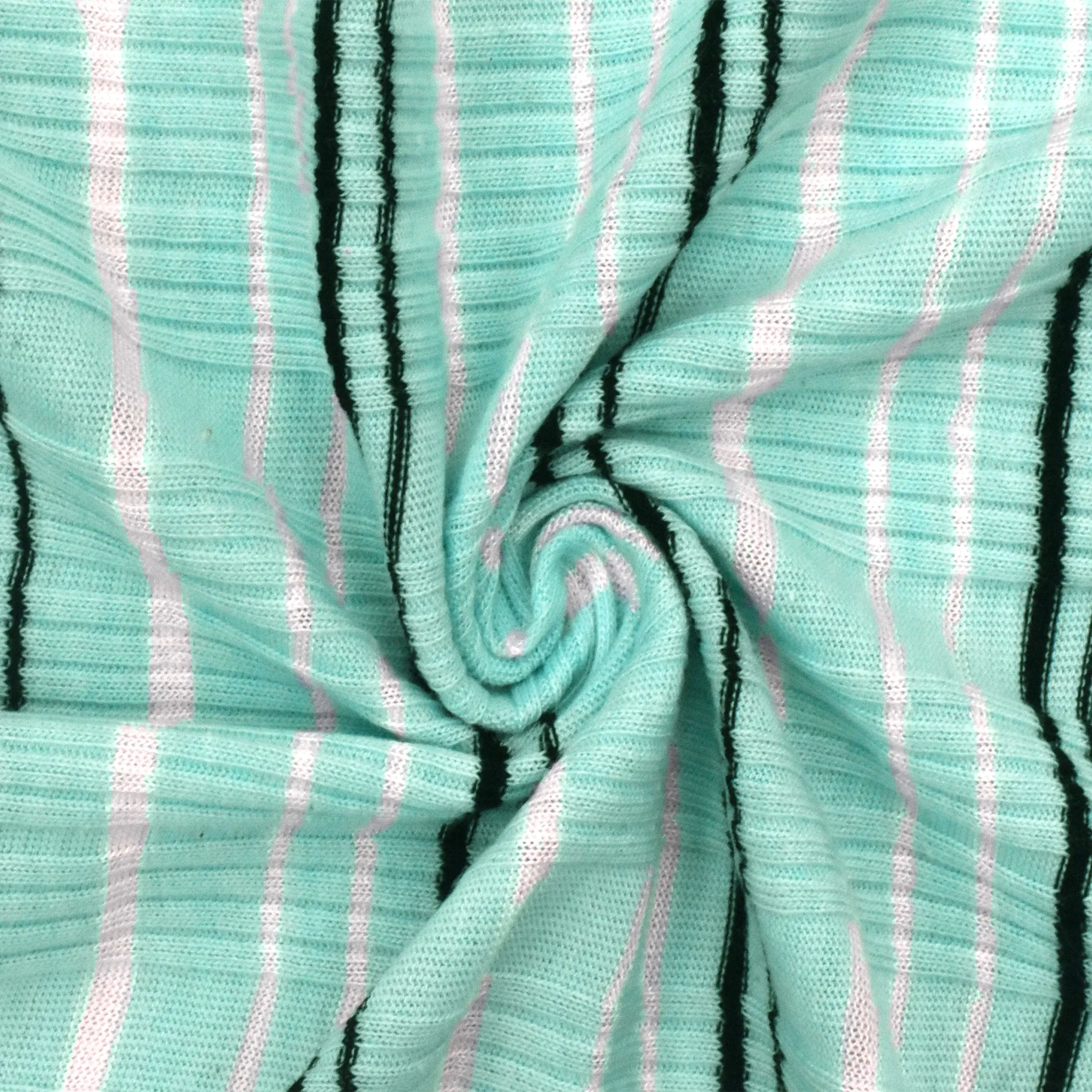 Fresh Teal-White-Black Striped Rib Knit Fabric