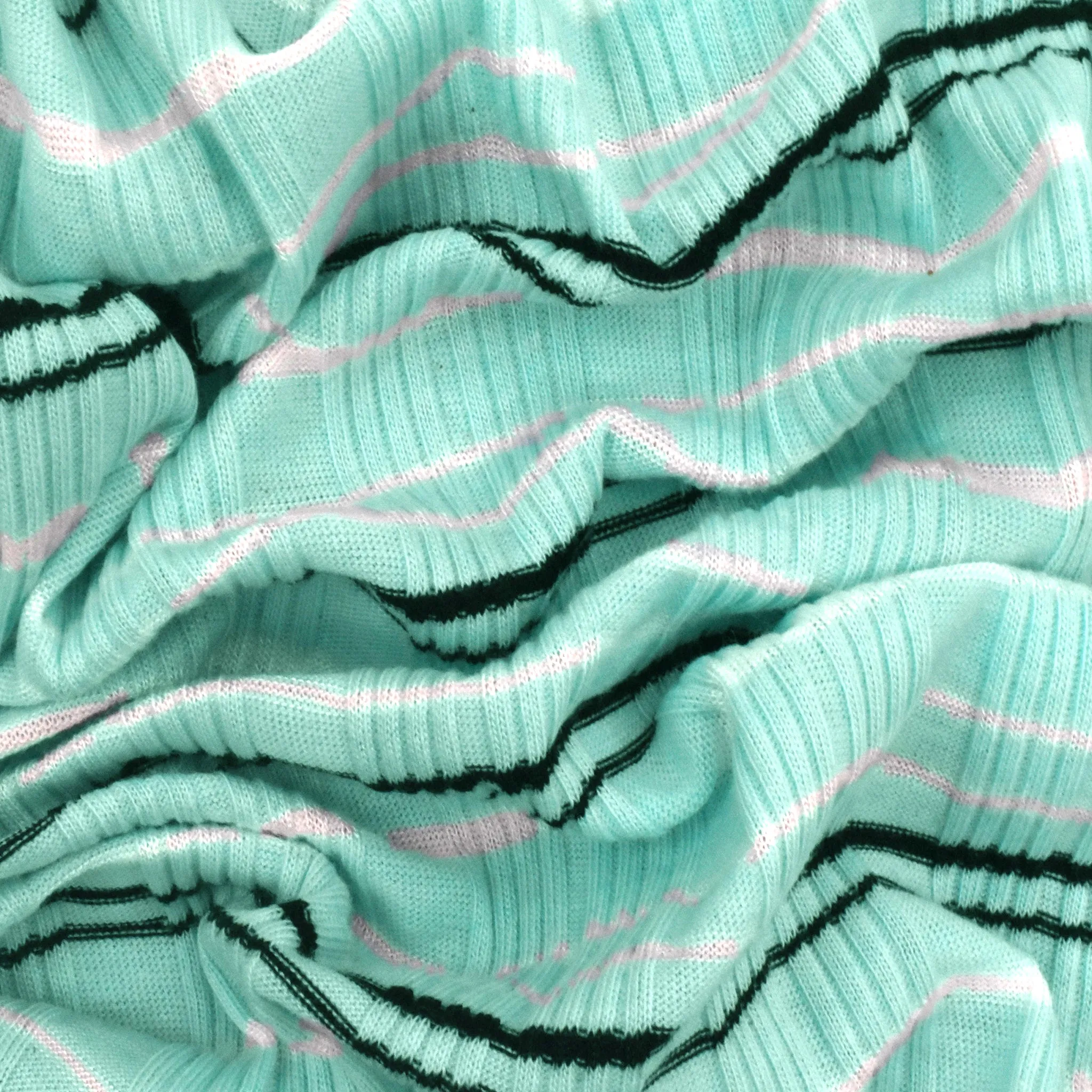 Fresh Teal-White-Black Striped Rib Knit Fabric