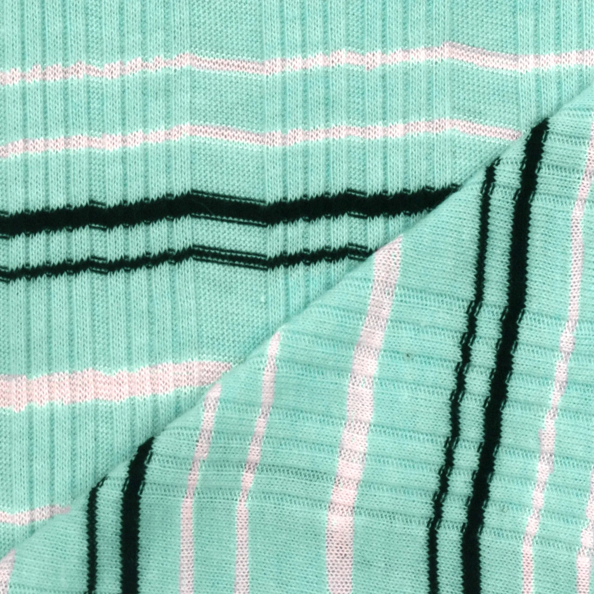 Fresh Teal-White-Black Striped Rib Knit Fabric