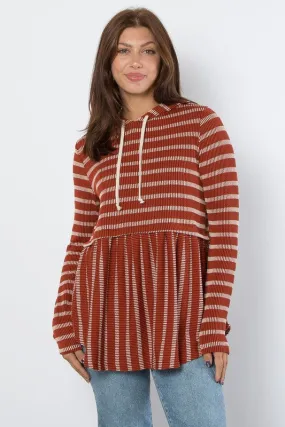 Full Size Drawstring Striped Babydoll Hoodie