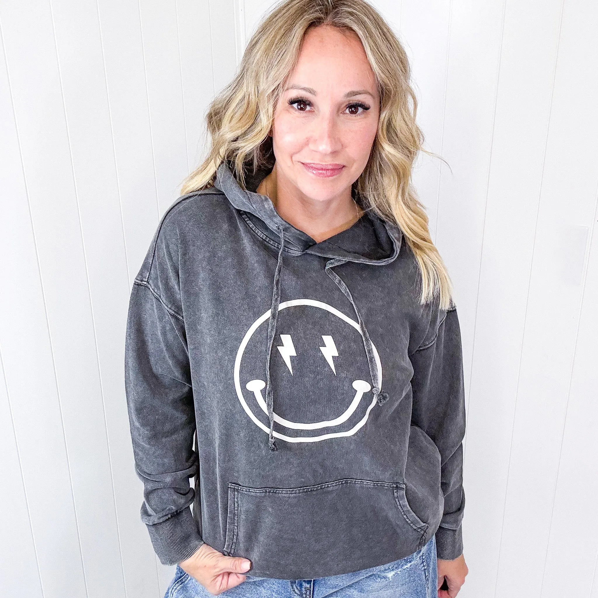 Happy Bliss Mineral Washed Long Sleeve Hoodie In 4 Options