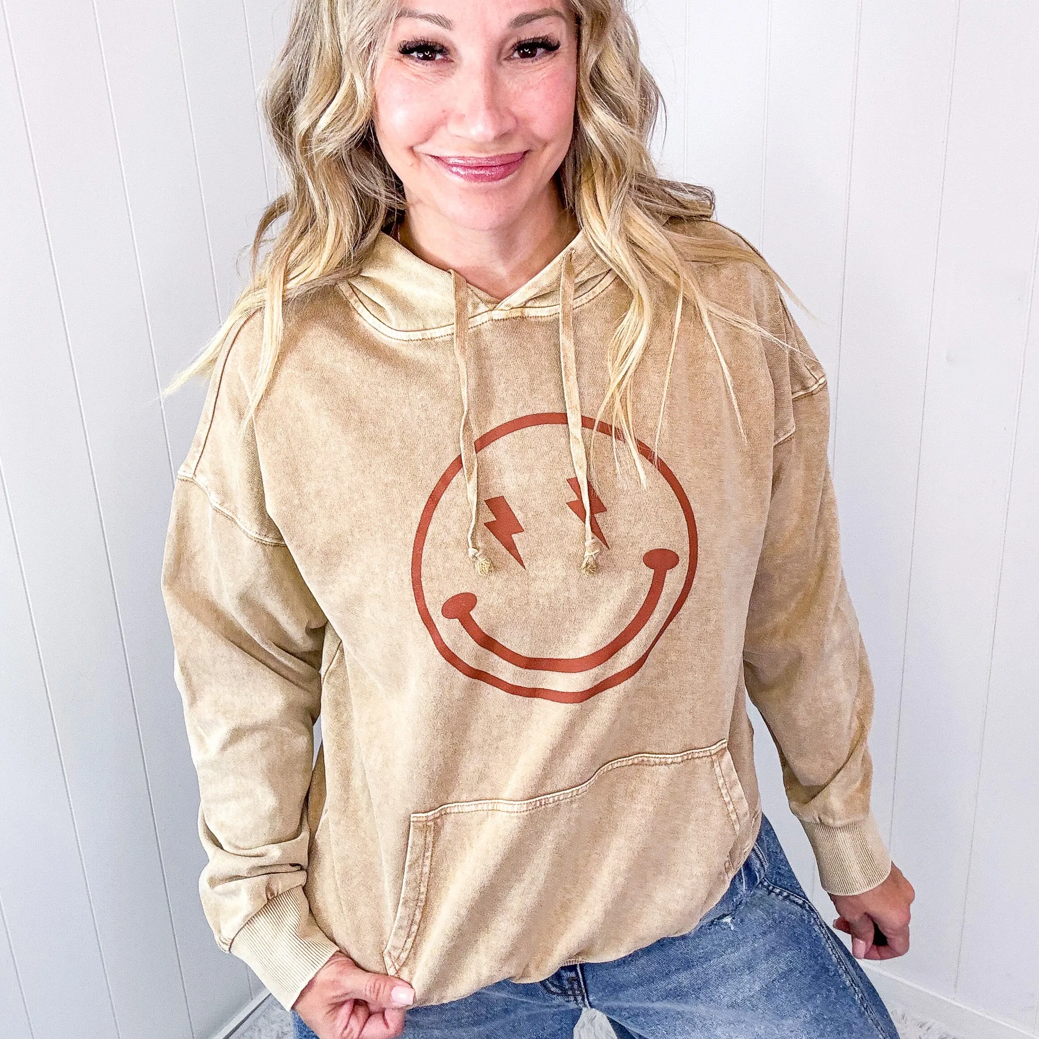 Happy Bliss Mineral Washed Long Sleeve Hoodie In 4 Options