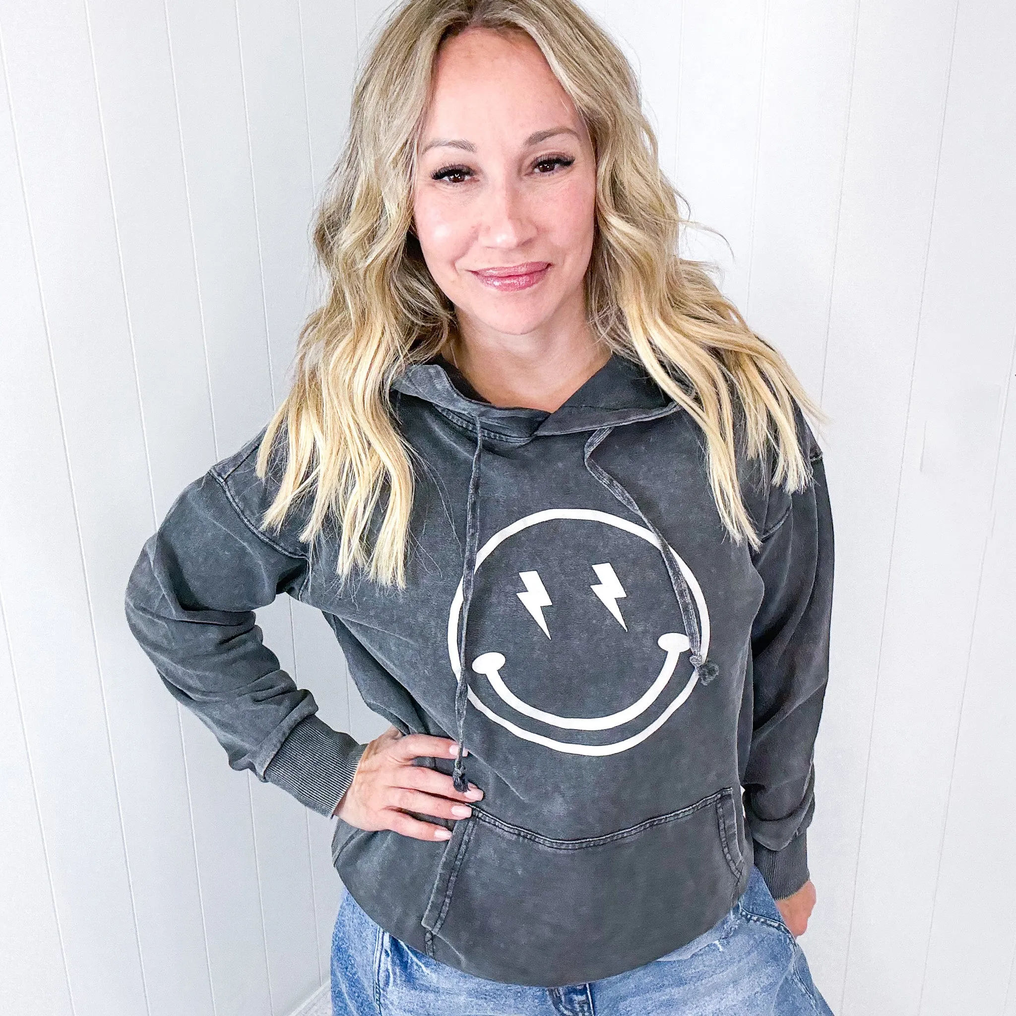 Happy Bliss Mineral Washed Long Sleeve Hoodie In 4 Options