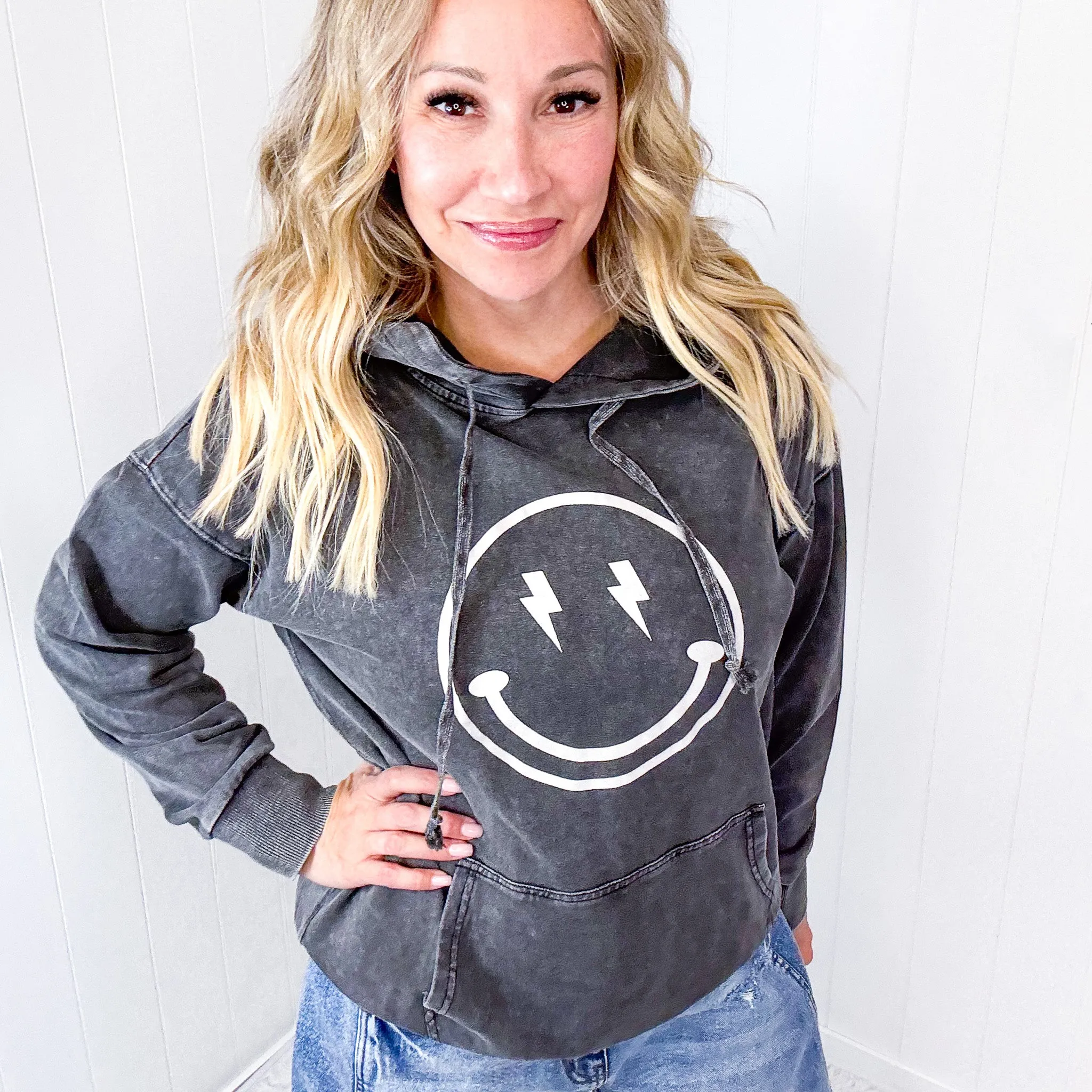 Happy Bliss Mineral Washed Long Sleeve Hoodie In 4 Options