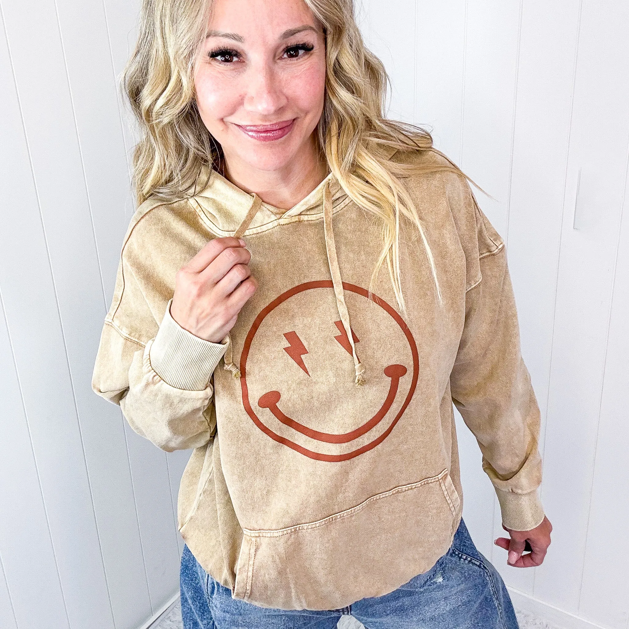 Happy Bliss Mineral Washed Long Sleeve Hoodie In 4 Options