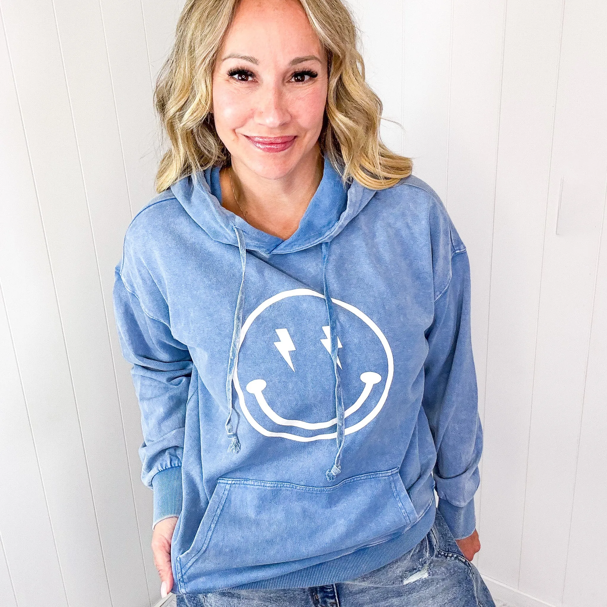 Happy Bliss Mineral Washed Long Sleeve Hoodie In 4 Options