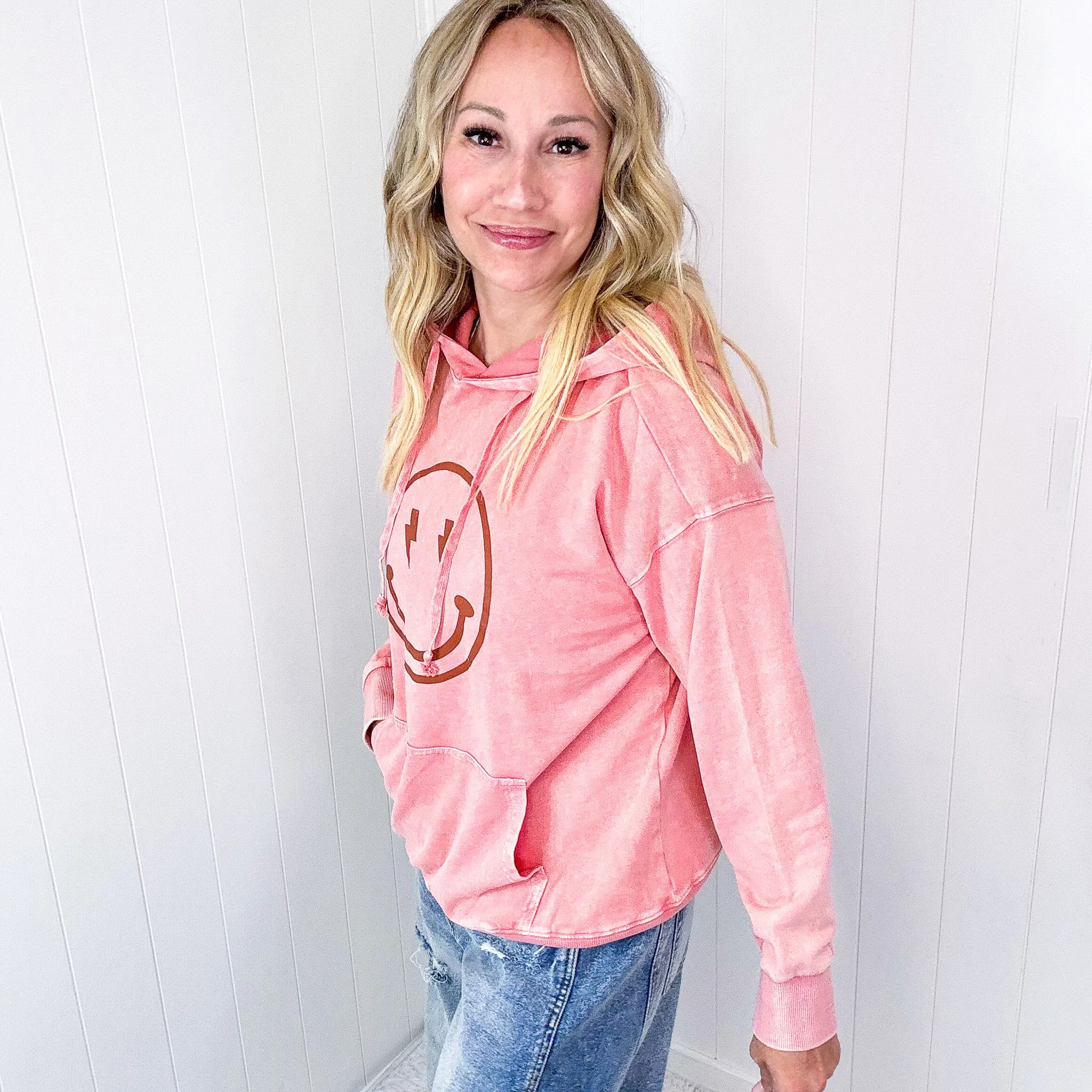 Happy Bliss Mineral Washed Long Sleeve Hoodie In 4 Options