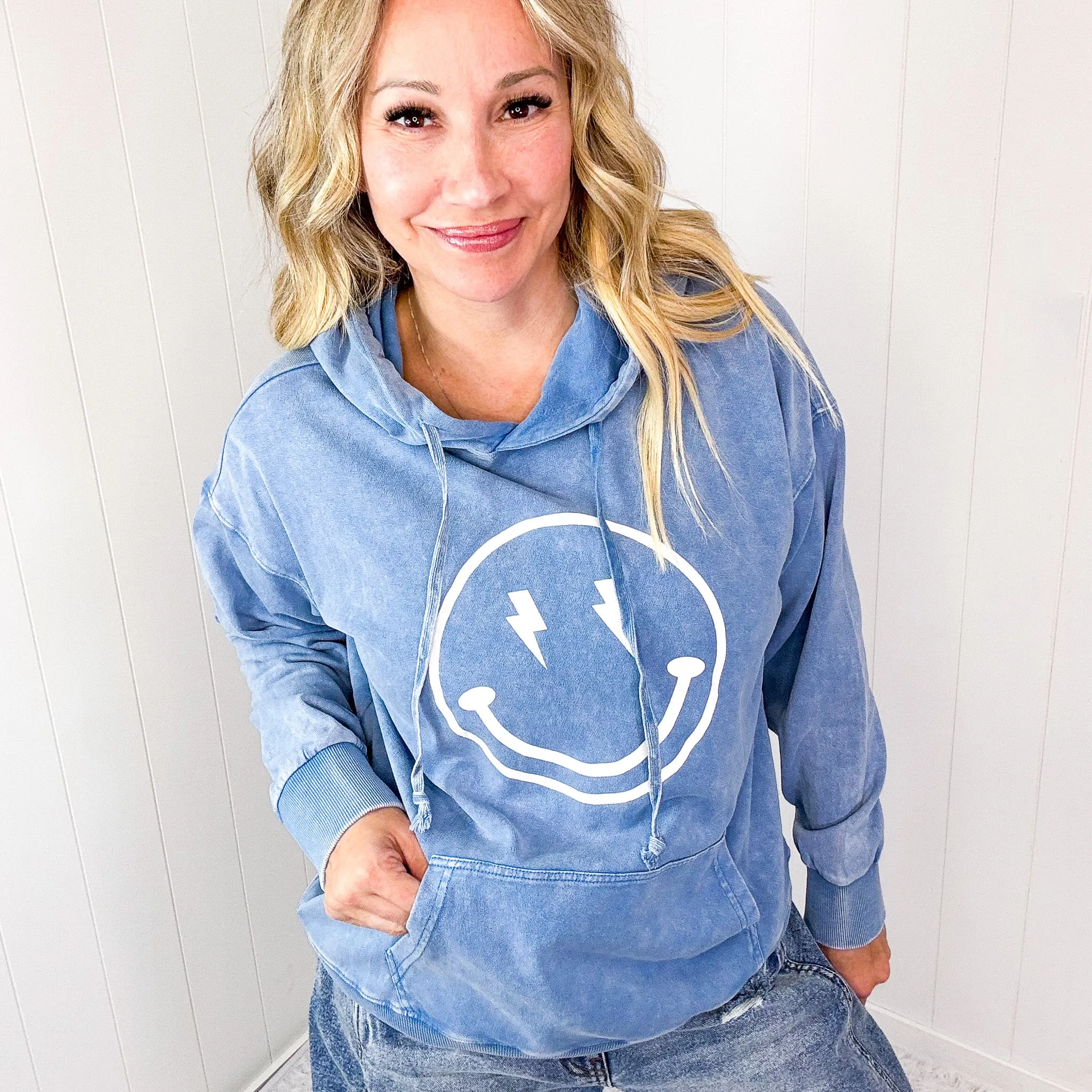 Happy Bliss Mineral Washed Long Sleeve Hoodie In 4 Options