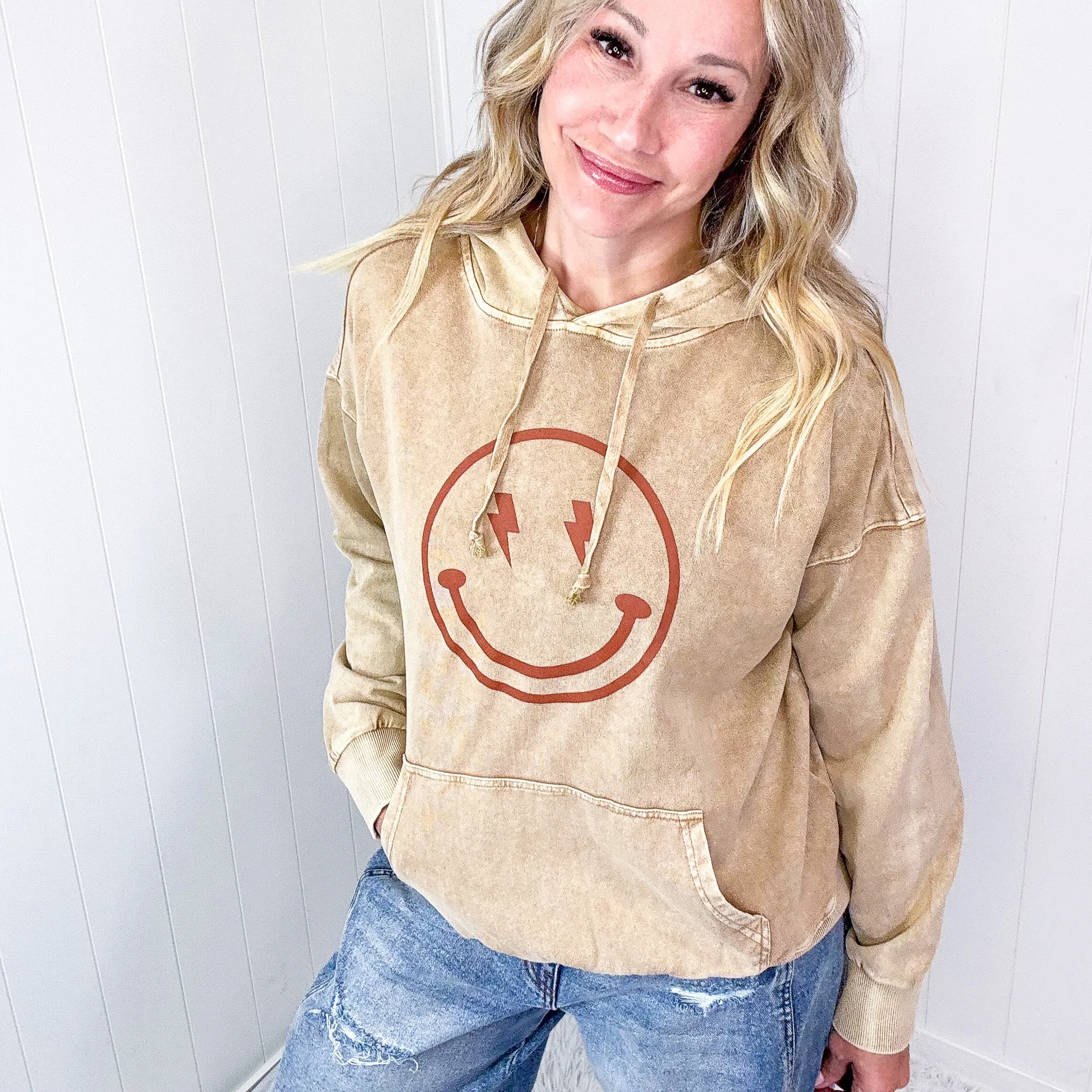 Happy Bliss Mineral Washed Long Sleeve Hoodie In 4 Options