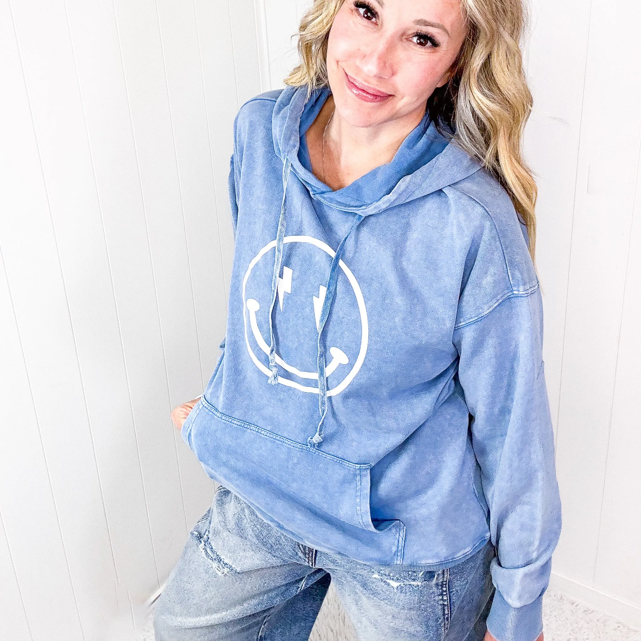 Happy Bliss Mineral Washed Long Sleeve Hoodie In 4 Options