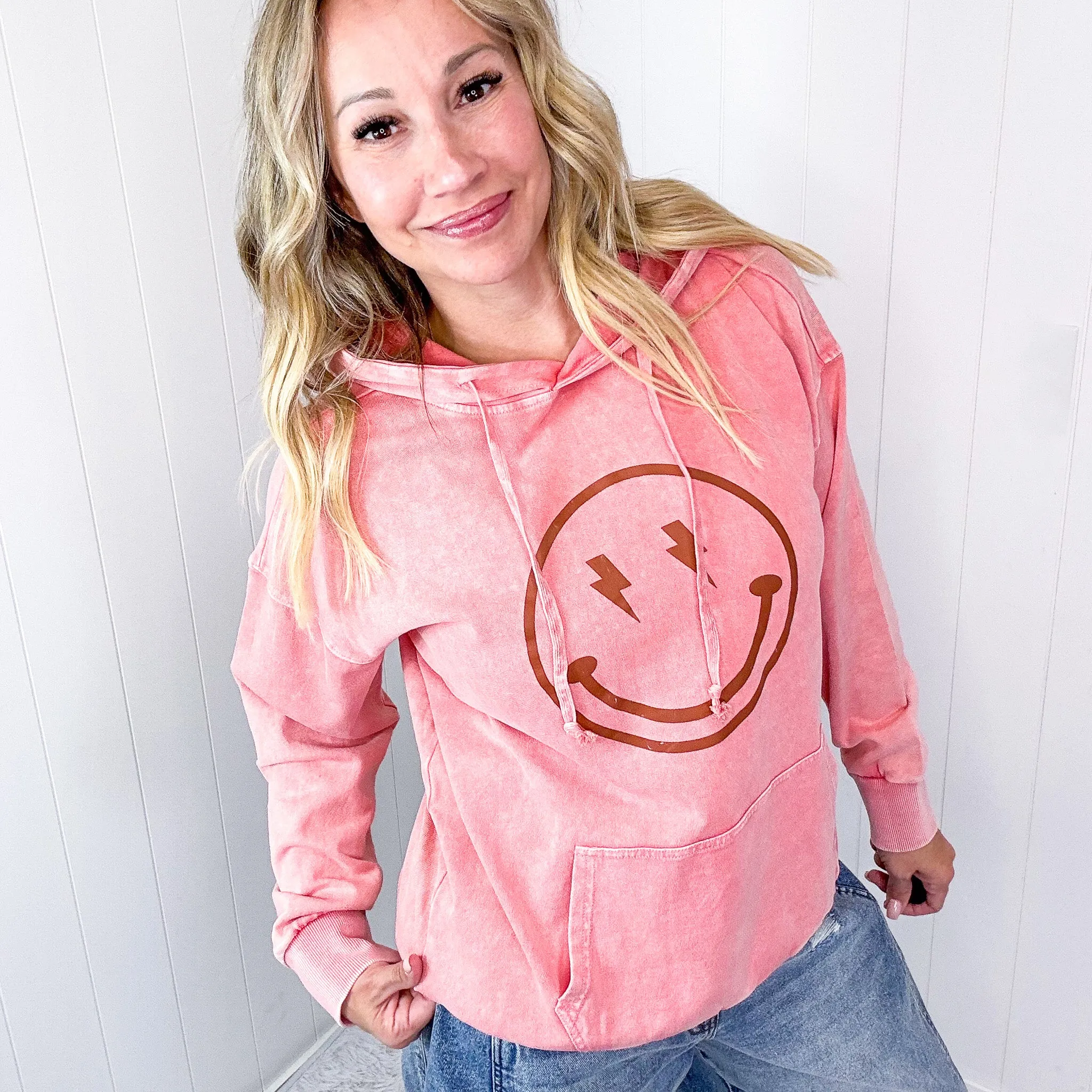 Happy Bliss Mineral Washed Long Sleeve Hoodie In 4 Options