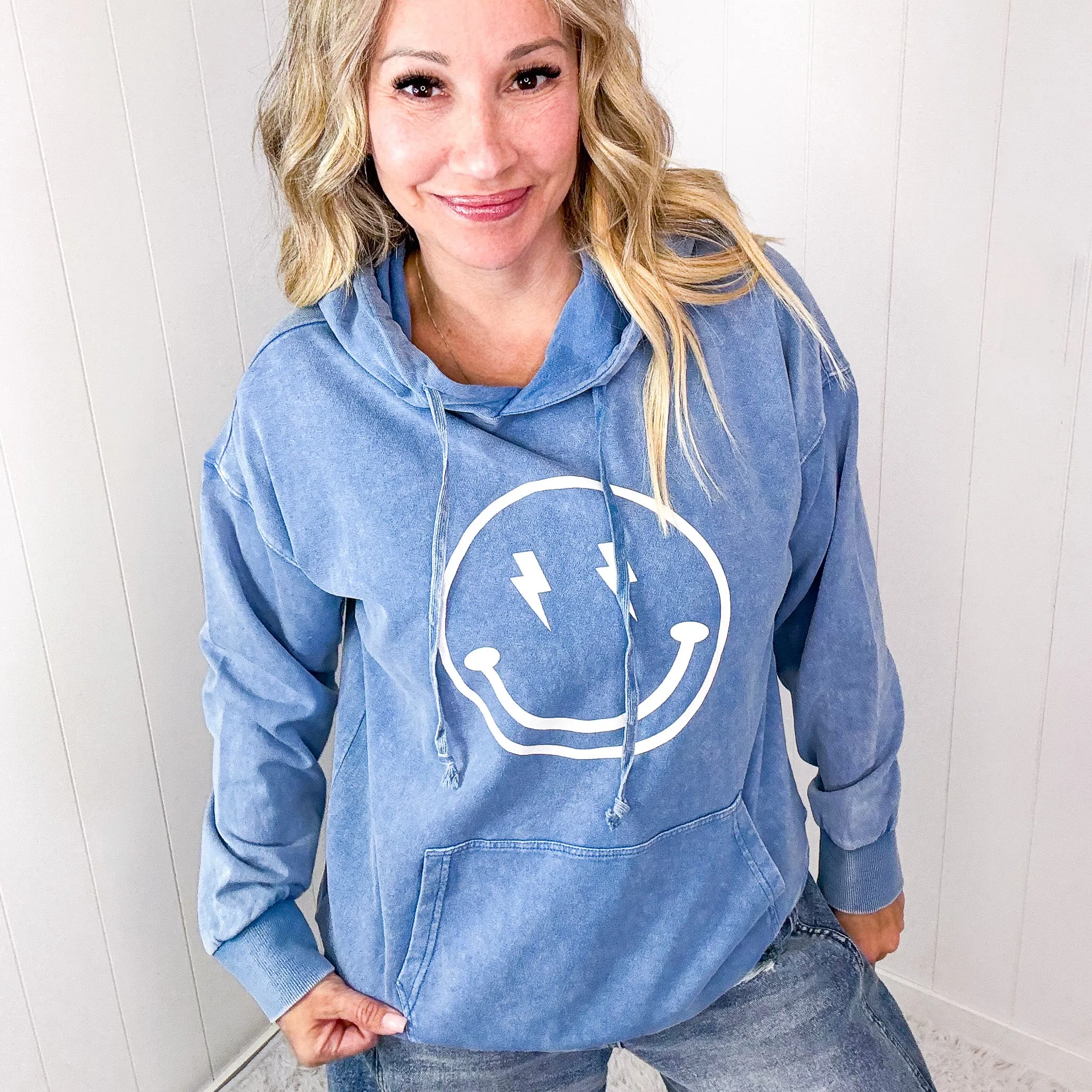 Happy Bliss Mineral Washed Long Sleeve Hoodie In 4 Options