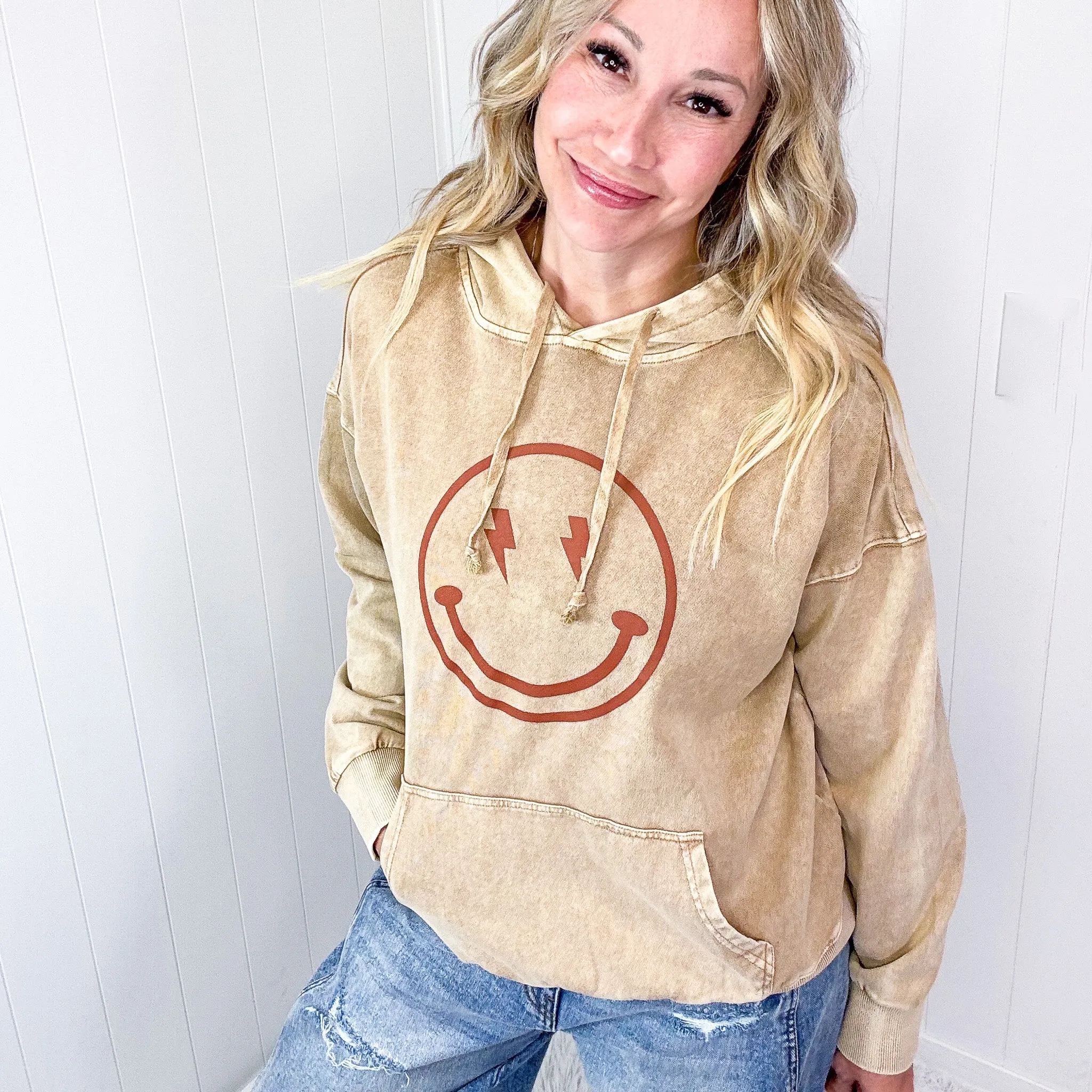 Happy Bliss Mineral Washed Long Sleeve Hoodie In 4 Options