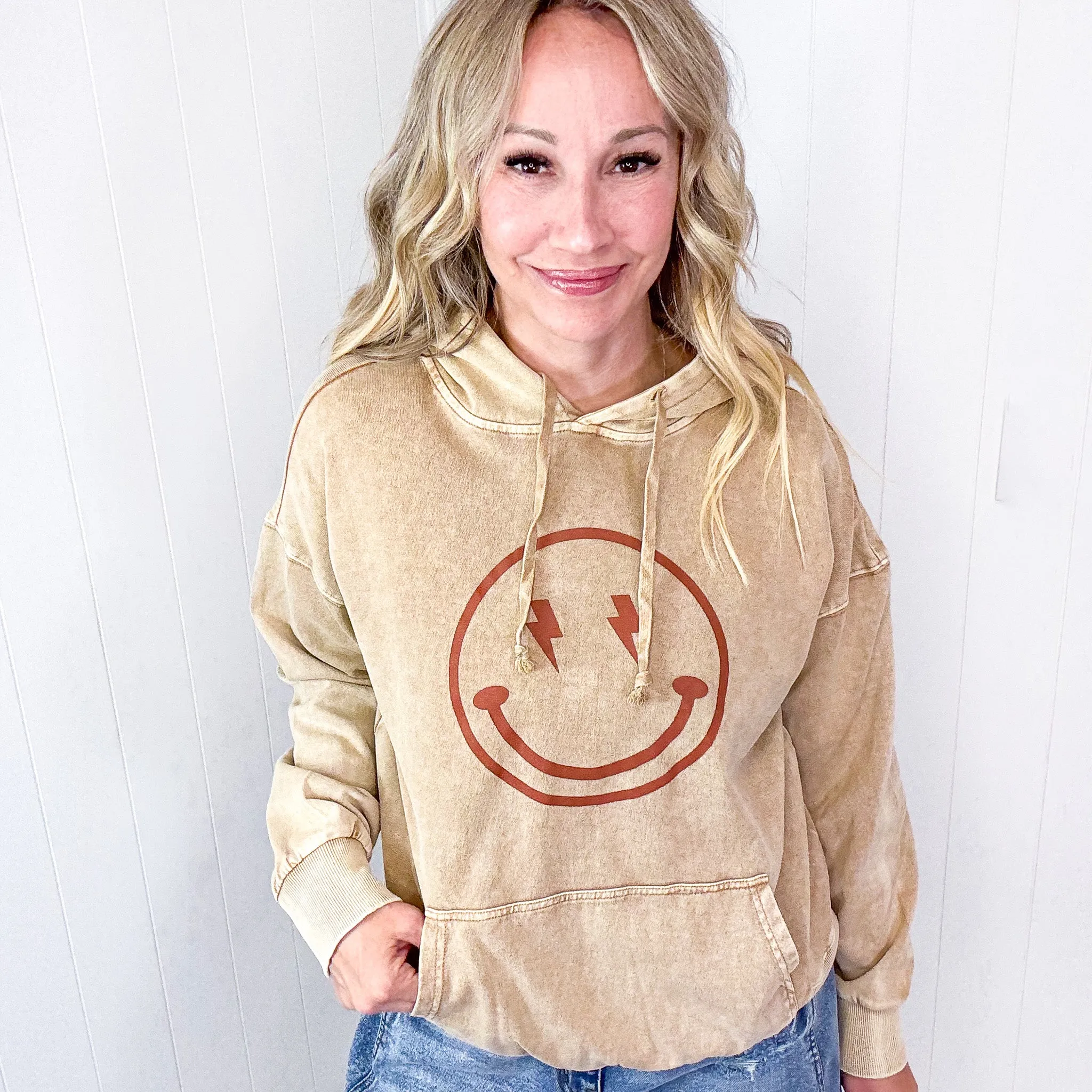 Happy Bliss Mineral Washed Long Sleeve Hoodie In 4 Options