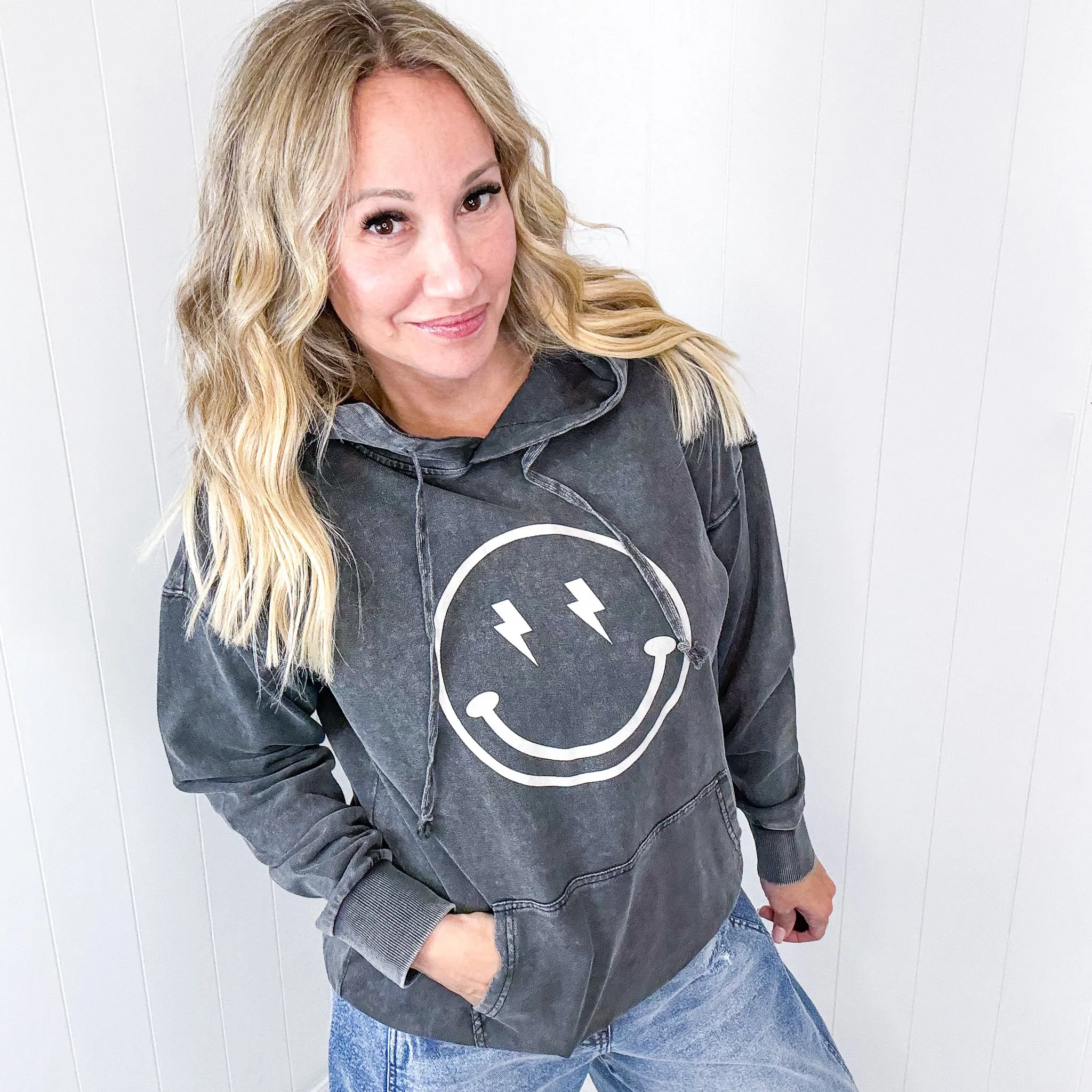 Happy Bliss Mineral Washed Long Sleeve Hoodie In 4 Options