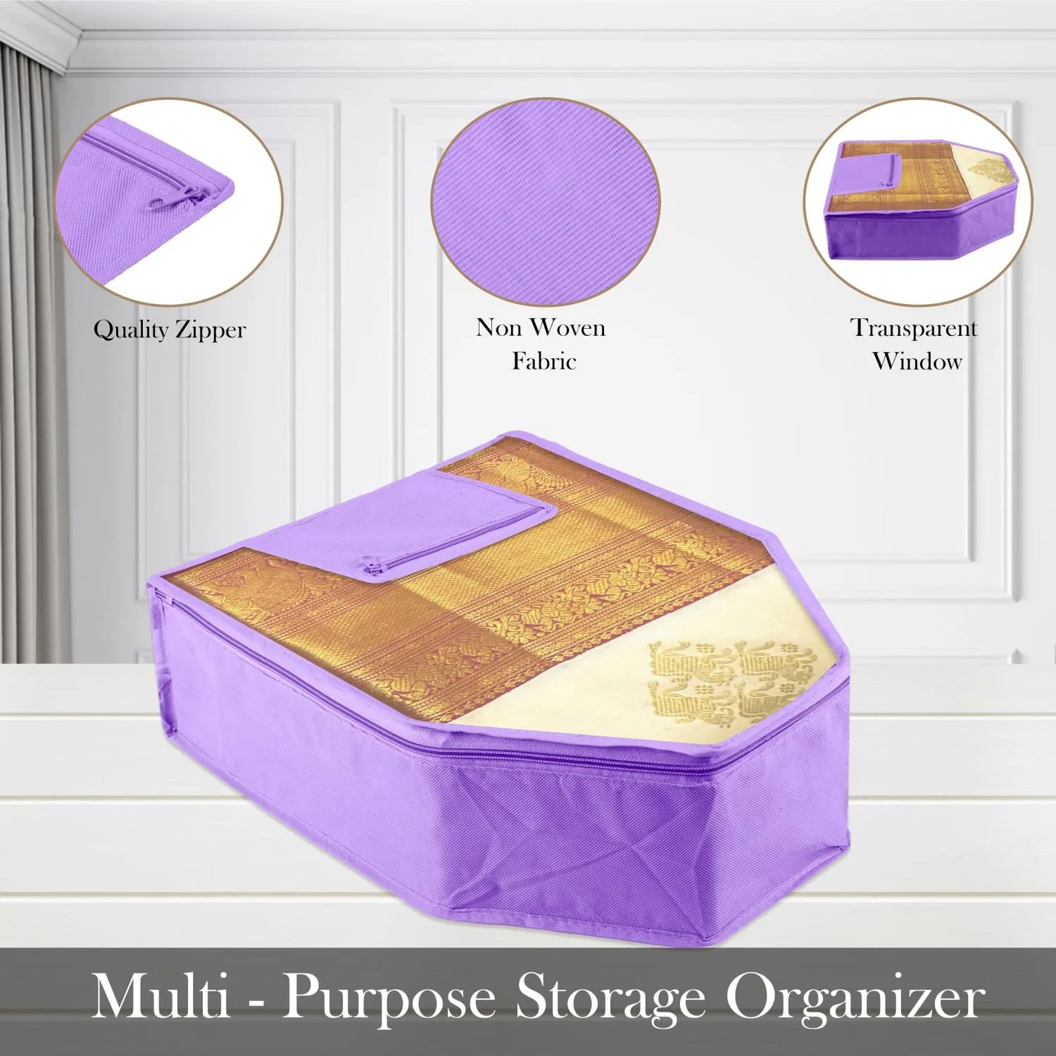 Heart Home Blouse Cover | Clothes Storage Bag | Zipper Wardrobe Organizers | Clothes Organiser with Attached Pocket with White Lace | Non-Woven Front Transparent | Pack of 9 | Purple