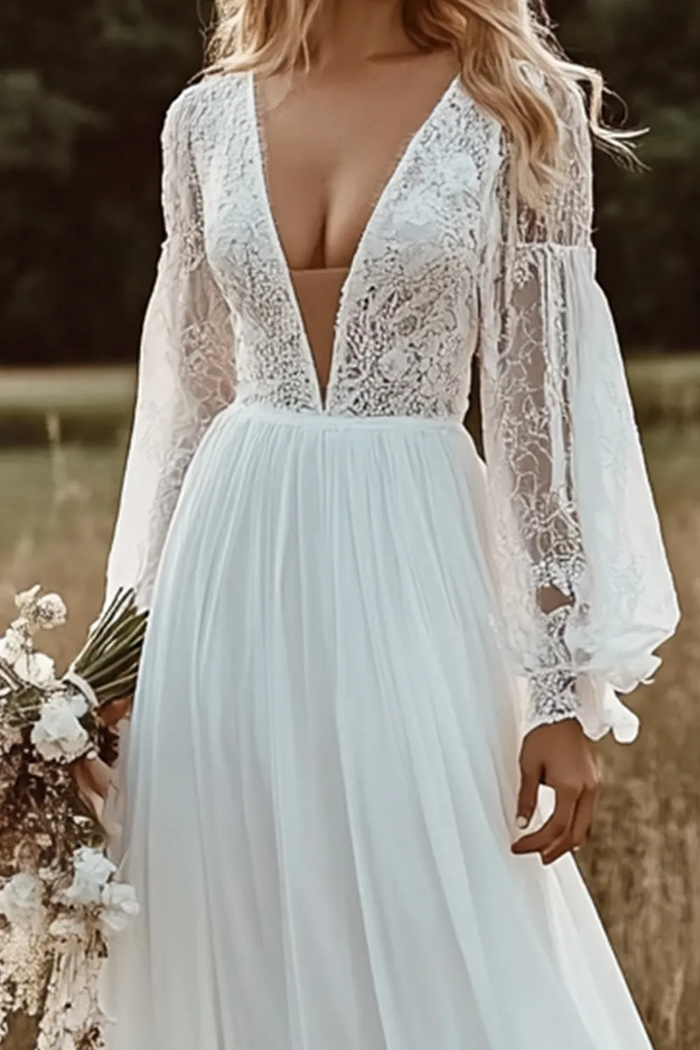 Ivory V Neck A Line Illusion Sleeve Wedding Dress