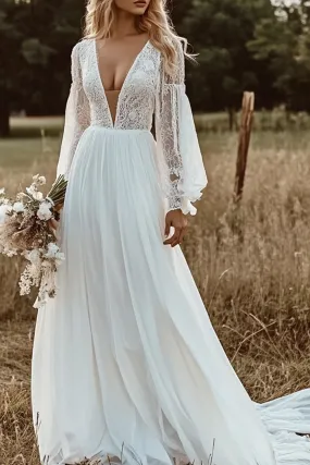 Ivory V Neck A Line Illusion Sleeve Wedding Dress