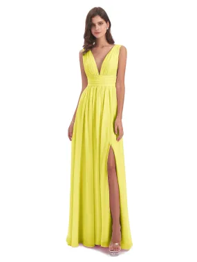 Lemon Bridesmaid Dresses Uk Charming Chiffon V Neck Split Long Bridesmaid Dresses