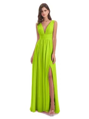 Lime Green Bridesmaid Charming Chiffon V Neck Split Long Bridesmaid Dresses