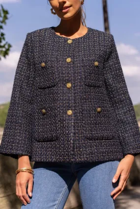 Loose Tweed Jacket with Straight Gold Buttons  Navy Blue