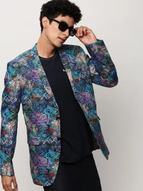 Men Blue Printed Casual Blazers