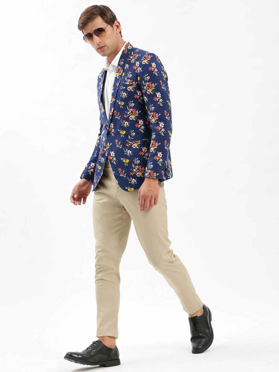 Men Notched Lapel Printed Navy Blue Blazer